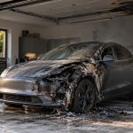 Voiture électrique endommagée par un incendie pendant la recharge dans un garage, avec une borne murale et des traces de brûlure.
