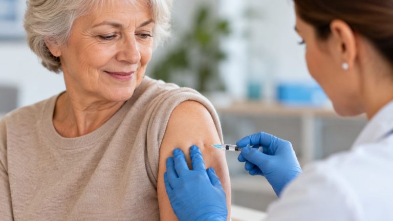 Femme senior recevant un vaccin dans le bras par un professionnel de santé, dans un cabinet médical lumineux.