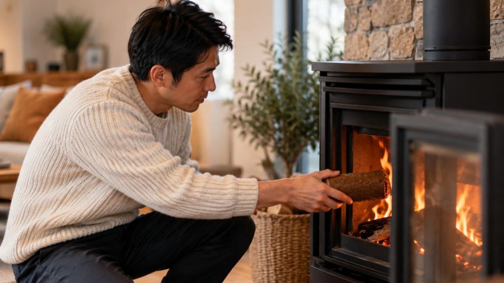 Homme plaçant une bûche dans un poêle à bois pour chauffer son habitation.