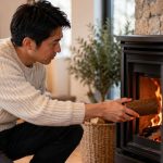 Homme plaçant une bûche dans un poêle à bois pour chauffer son habitation.