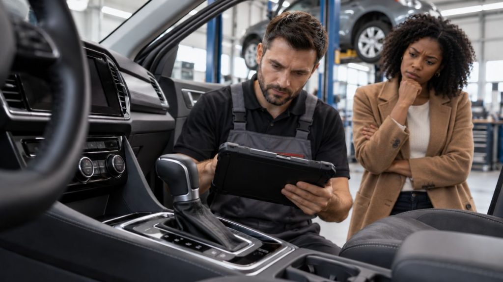 Garagiste réalisant un diagnostic de panne sur une boîte automatique devant une cliente dans un atelier automobile.