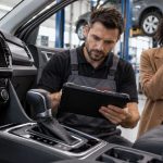 Garagiste réalisant un diagnostic de panne sur une boîte automatique devant une cliente dans un atelier automobile.
