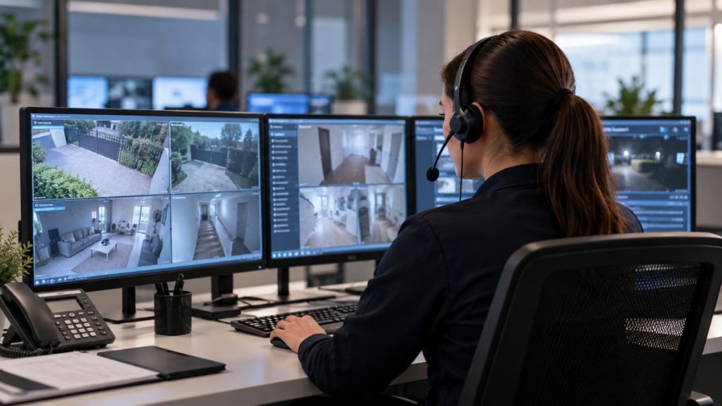 Opératrice de télésurveillance surveillant plusieurs écrans de vidéosurveillance dans un centre de sécurité.