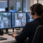 Opératrice de télésurveillance surveillant plusieurs écrans de vidéosurveillance dans un centre de sécurité.